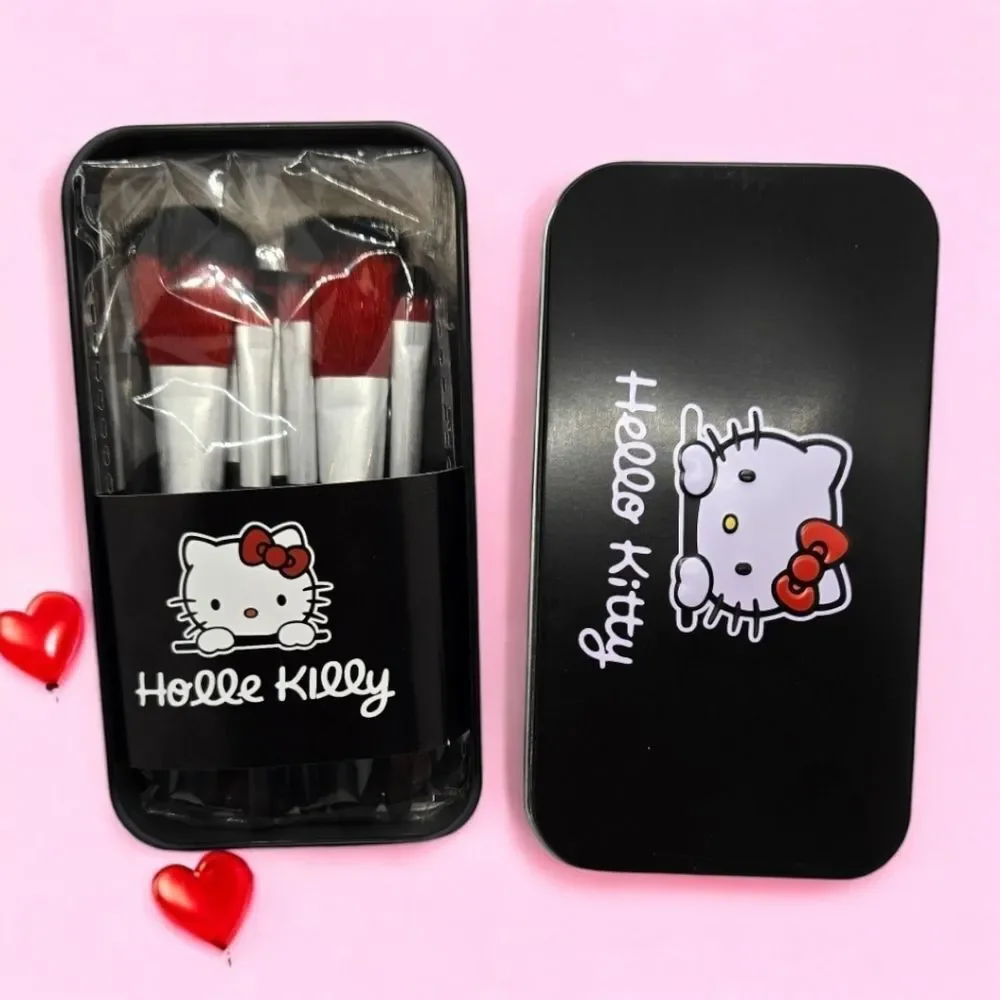 Hello Kitty Makeup Brush Set NWT Black Storage Tin & 7pc Cosmetic Blush Eyebrow